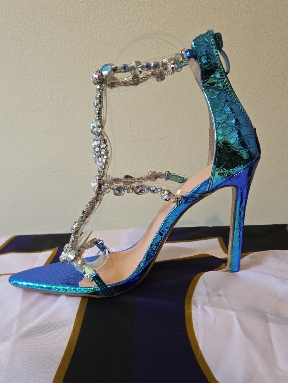 Iridescent Blue Strappy High Heel Sandal with Crystal Accents - Picture 3 of 5